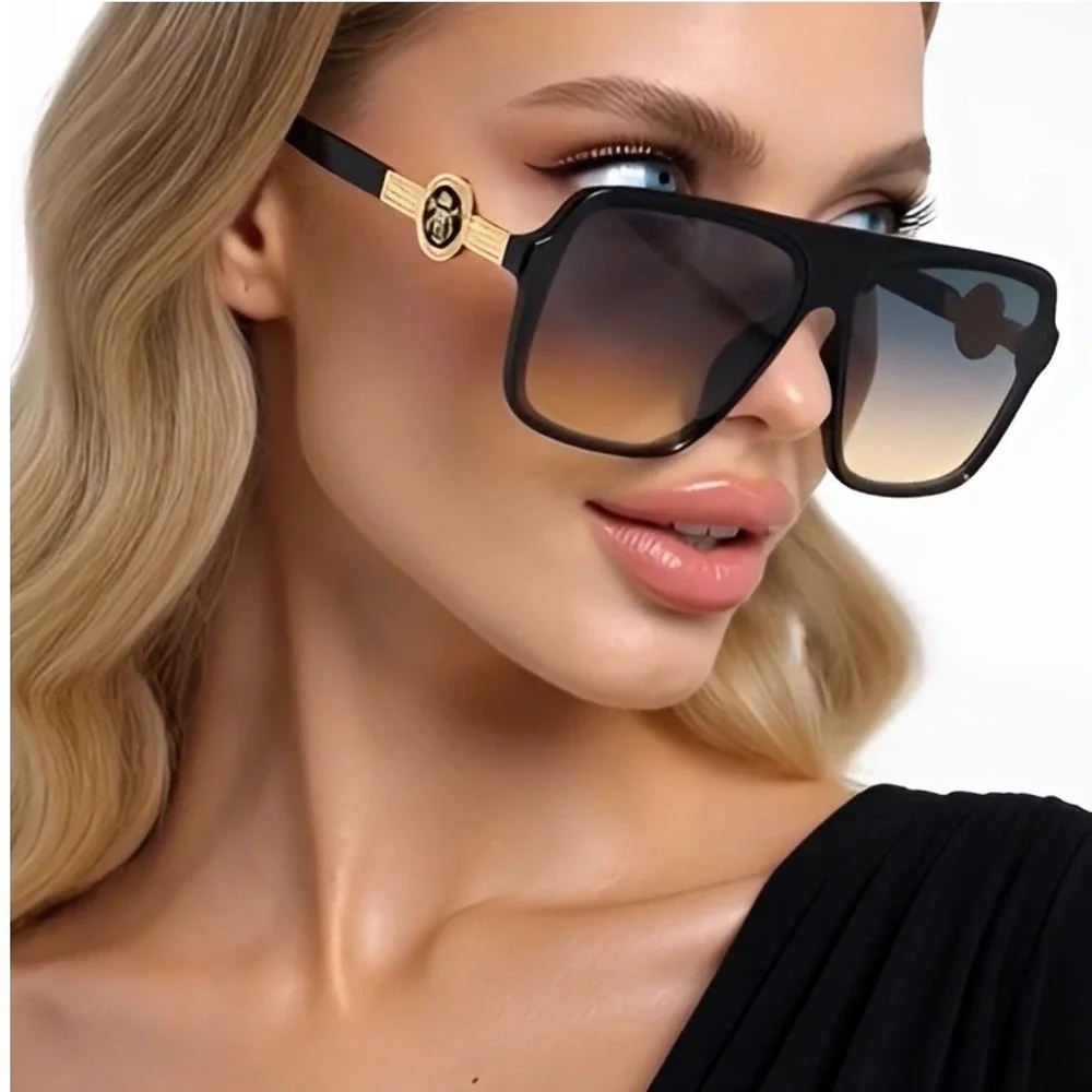 Oversized‎ Square Flat Top Sunglasses Black Gold Trendy Aviator Gradient Women